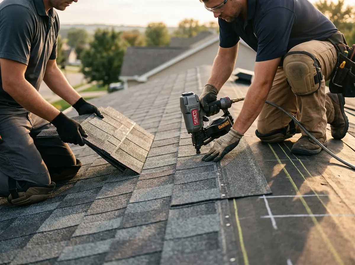 Professional roofer working on a residential roof in Augusta